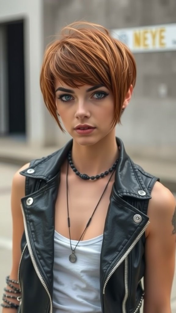 A person with chin-length hair styled in an edgy cut with a textured fringe, wearing a leather jacket.
