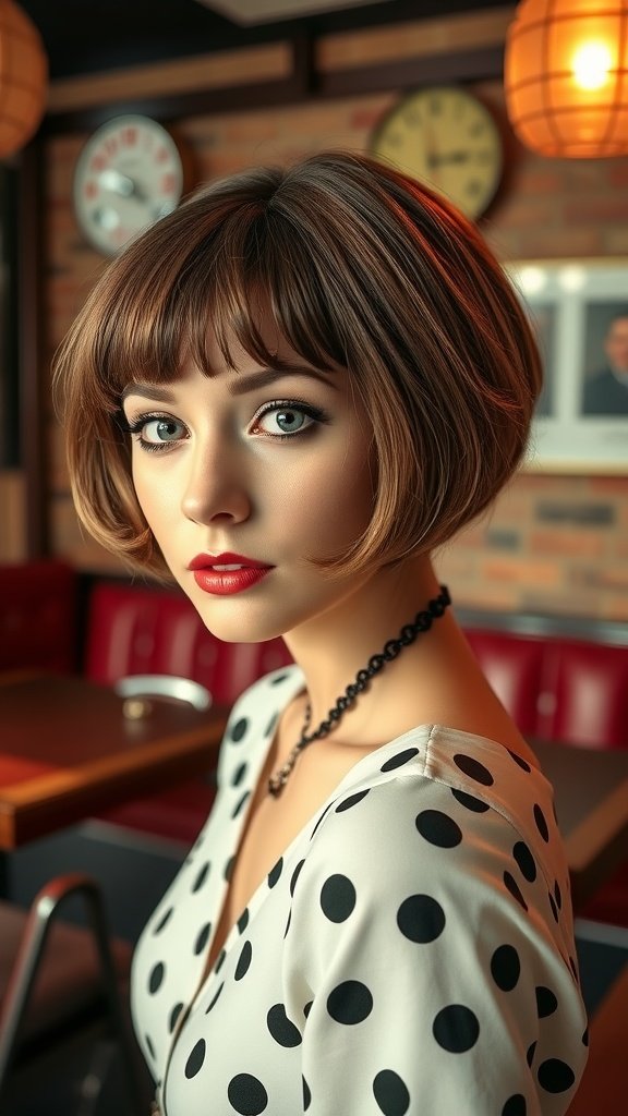 A woman with a vintage chin-length bob hairstyle, wearing a polka dot dress and looking stylish.