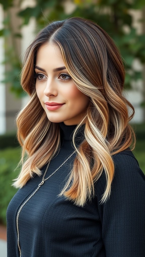 A woman with chin-length, textured hair styled in soft waves, wearing a black top and necklace