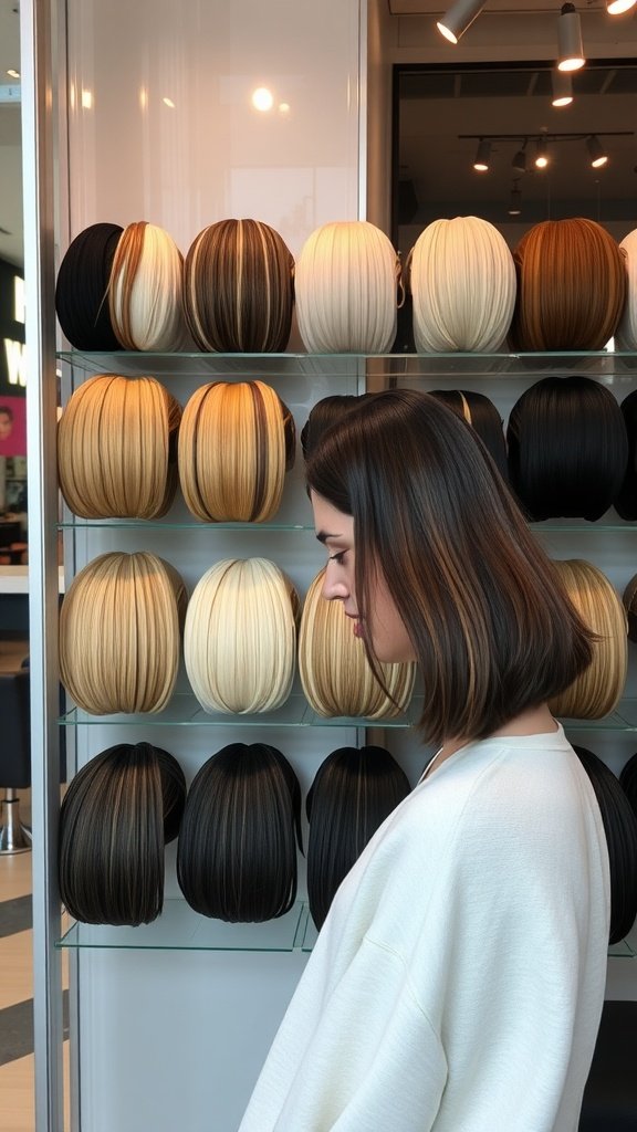 A woman with a chin length bob hairstyle stands beside a display of various colored wigs, showcasing different hair shades.