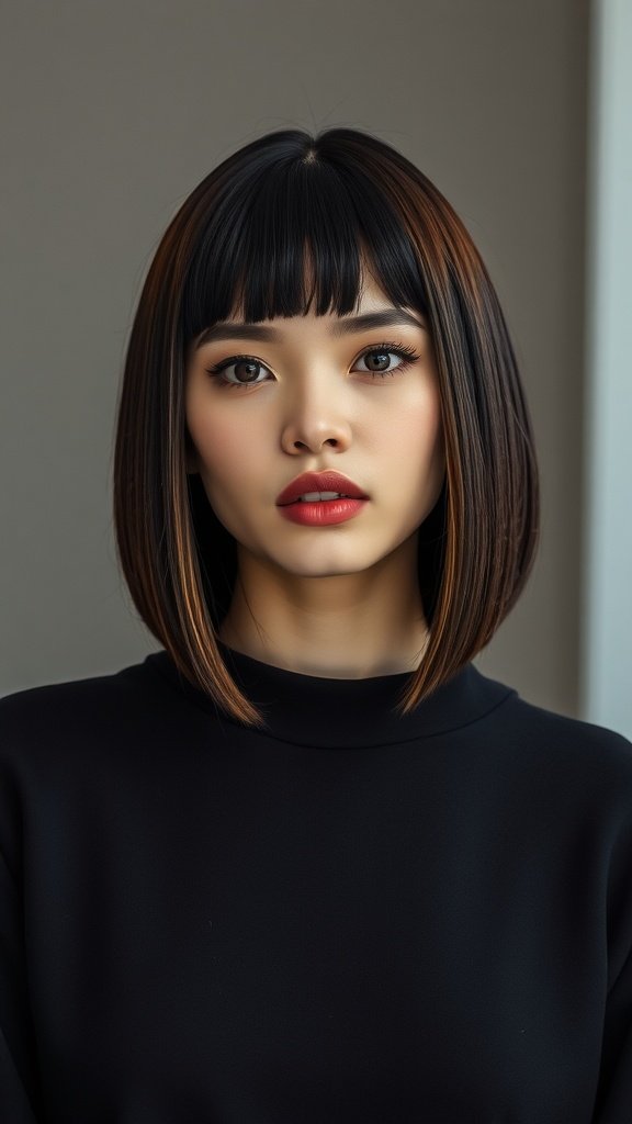 A model showcasing a sleek and straight chin length bob hairstyle.
