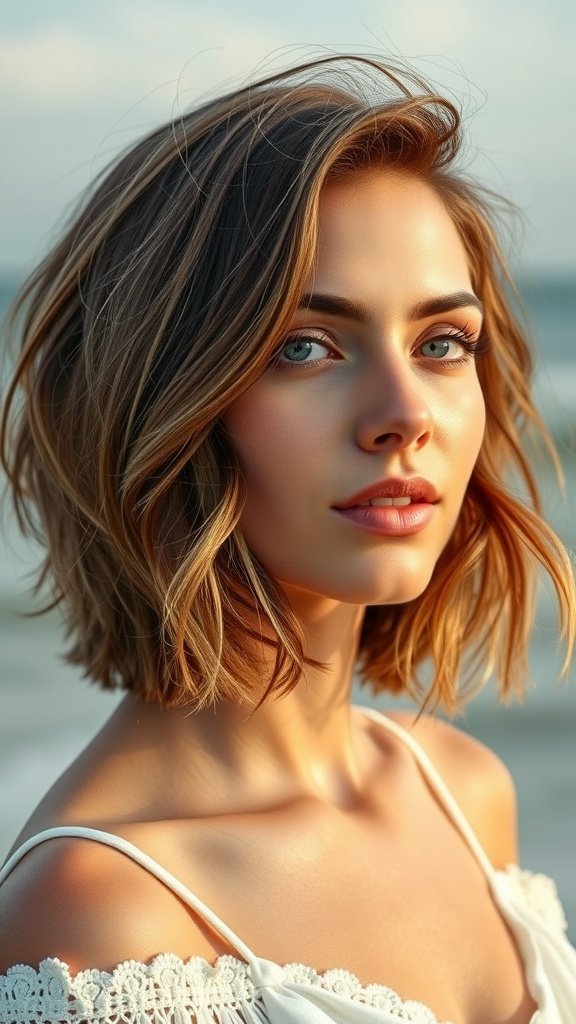 A woman with chin length bob hairstyle featuring soft waves.