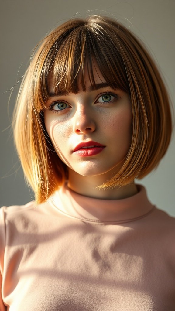 A young woman with a chin length bob hairstyle, showcasing her natural beauty.
