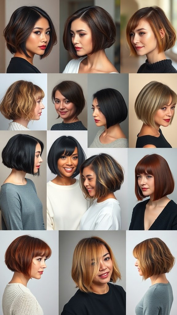 A collage of various chin length bob hairstyles on different individuals.