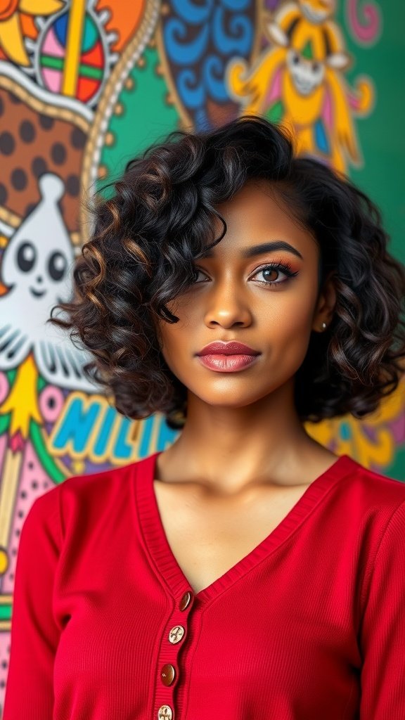 A woman with a chin-length curly bob, wearing a red shirt, posed against a colorful background.