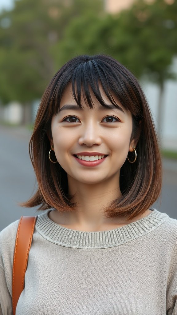 A woman with shoulder-length hair and bangs, smiling outdoors.