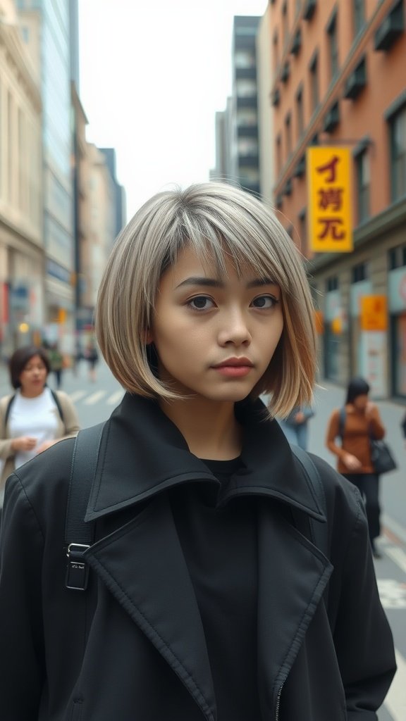 A person with a chin length bob hairstyle, featuring an undercut, stands on a busy city street.