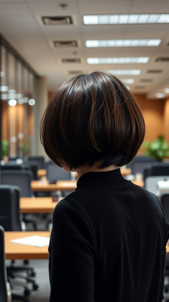 A woman with a chin length bob hairstyle, viewed from behind, in an office setting.