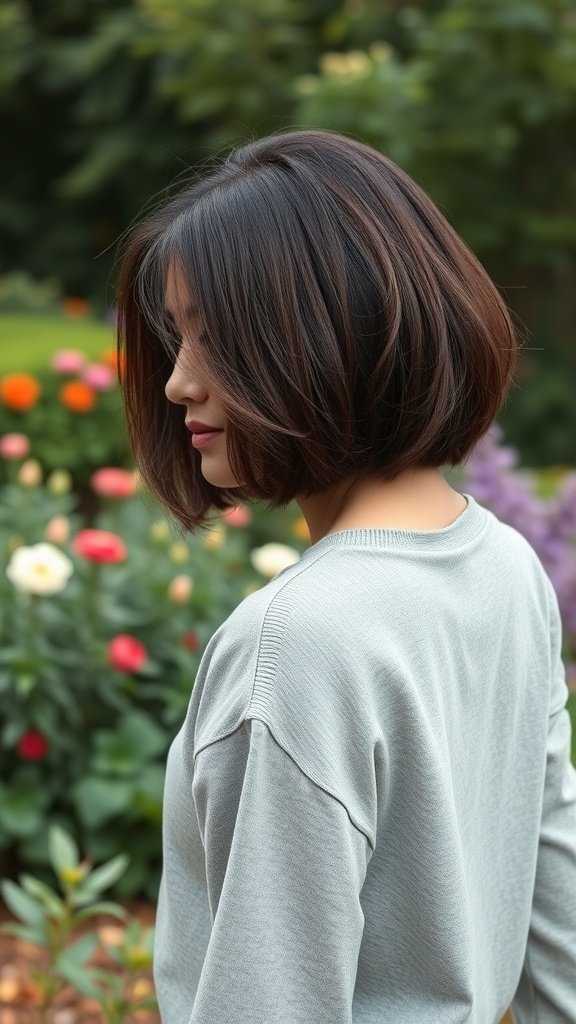 A woman with a chin-length bob hairstyle stands outdoors, surrounded by colorful flowers.