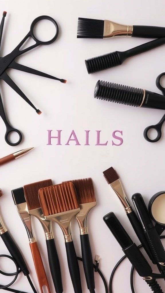 A variety of hairstyling tools including scissors, brushes, and combs laid out on a surface.