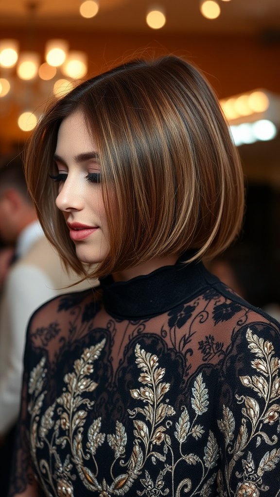 A woman with a chin length bob hairstyle, wearing an elegant black and gold embroidered dress.