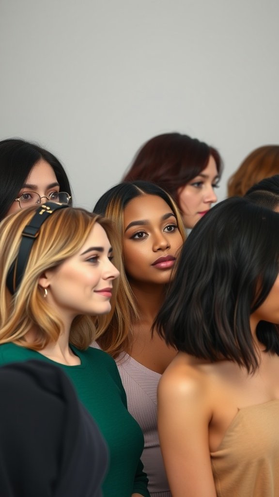 A group of women with various shoulder length haircuts, showcasing different styles and hair types.