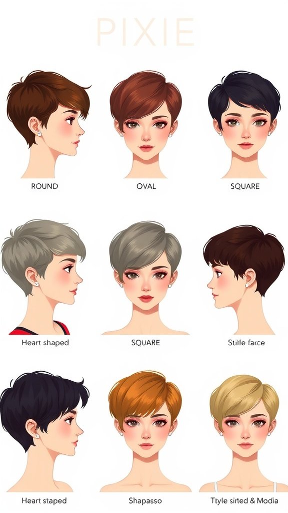 Illustration showing different pixie haircut styles for various face shapes.