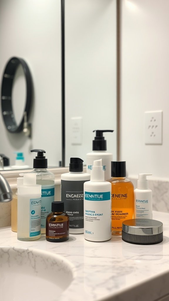 A collection of hair care products on a bathroom countertop.