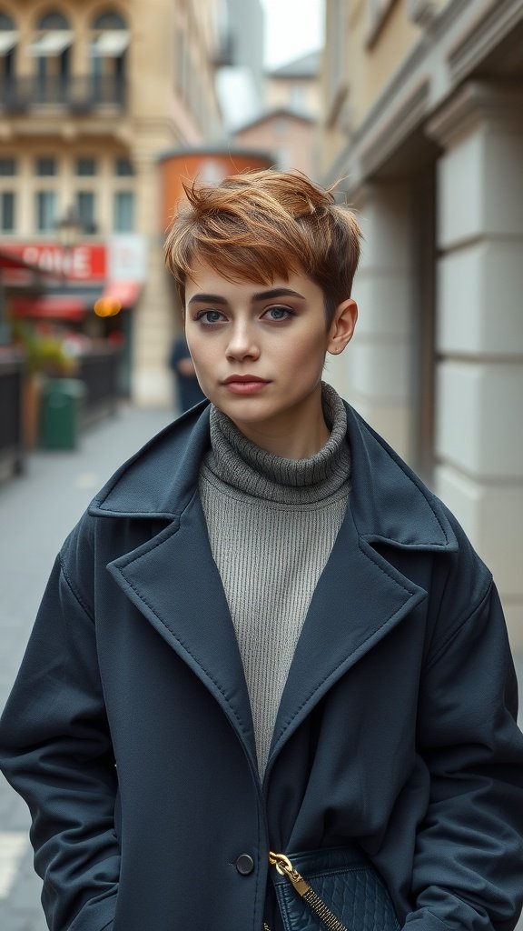 A young individual with a stylish pixie haircut, wearing a gray turtleneck and a navy coat, standing in a city street.