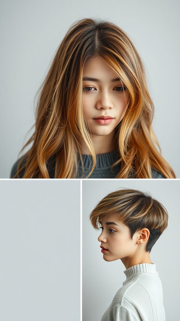 A person showcasing a long hairstyle in the top image and a trendy pixie cut in the bottom image.