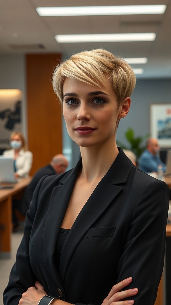 A woman with a pixie haircut wearing a black blazer, standing confidently in an office setting.