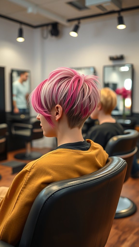 A person with a trendy pixie haircut, showcasing vibrant pink highlights.