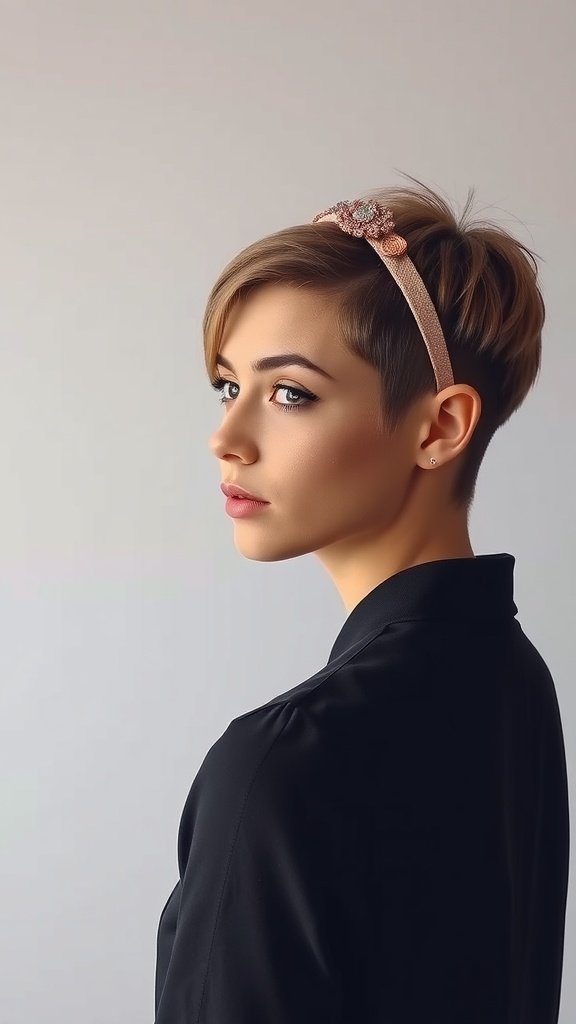 A person with a pixie haircut wearing a decorative headband.