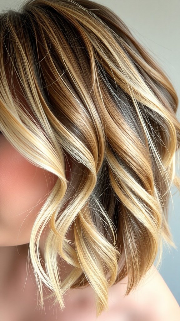 Close-up of a shoulder length layered haircut with soft waves and highlights.