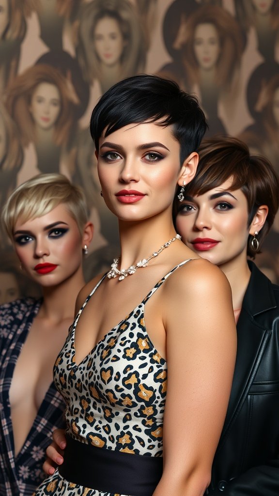 Three fashionable women showcasing different styles of pixie cuts against a patterned background.