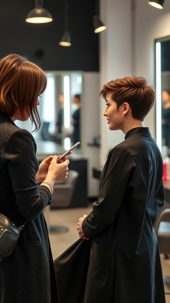 A hairstylist discussing a pixie haircut with a client in a modern salon.