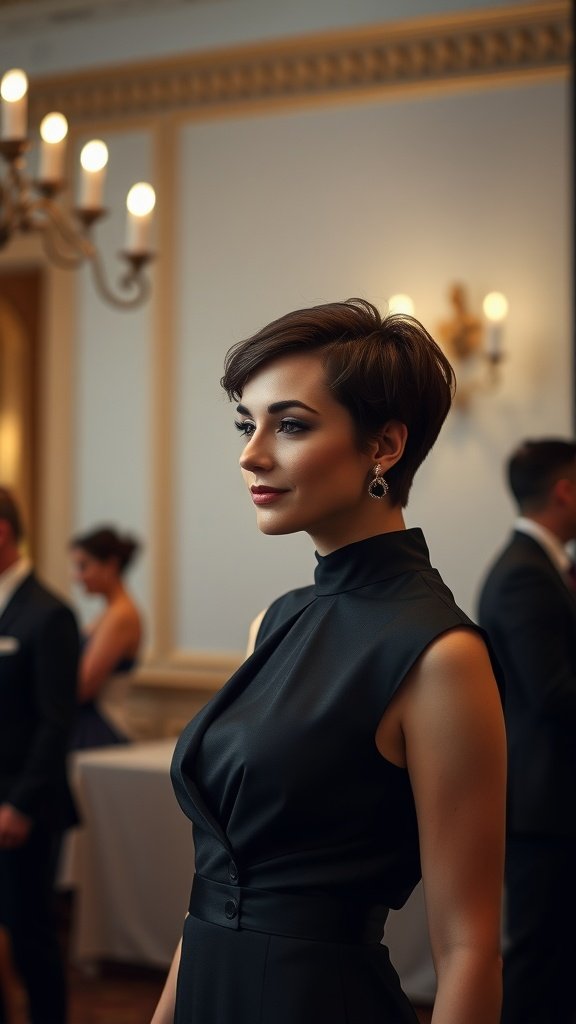 A woman with a pixie haircut wearing an elegant black dress at a formal event.