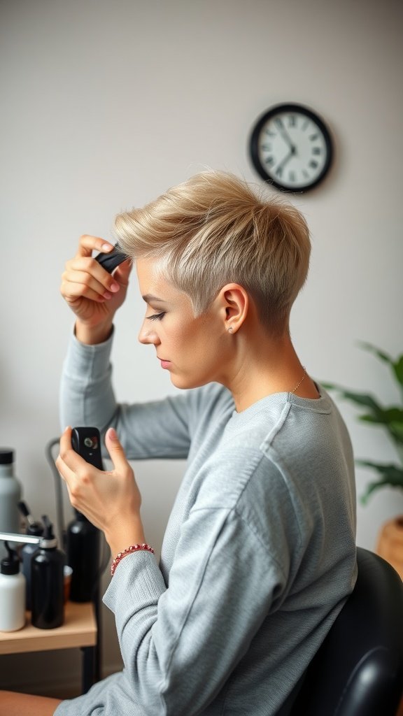 A collage of different pixie haircut styles on various individuals.