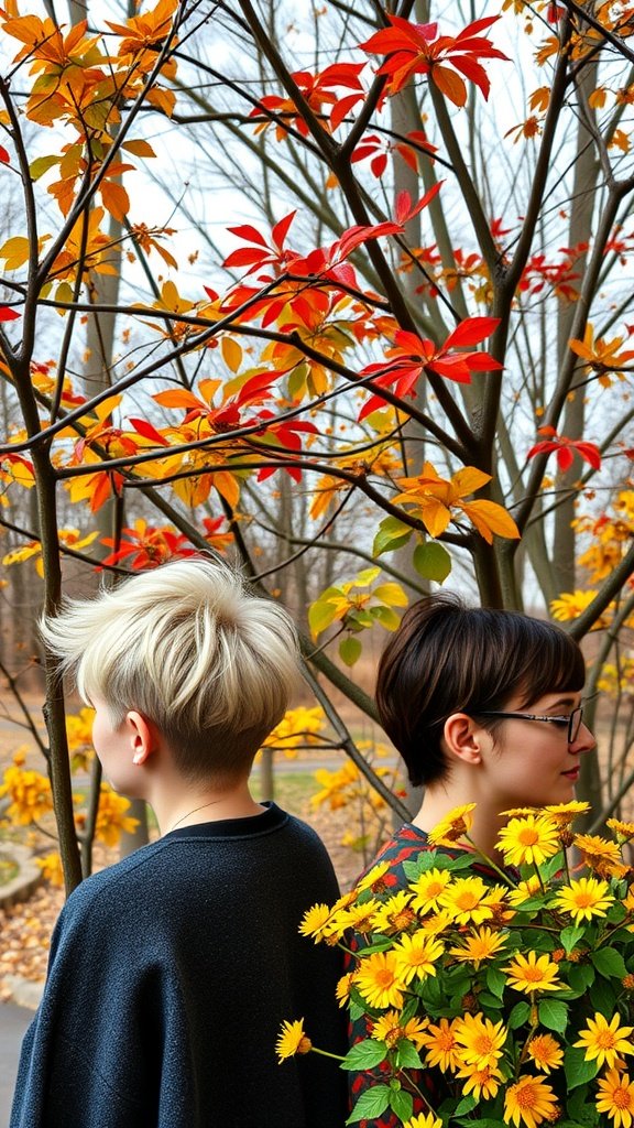 Two individuals with different pixie haircuts stand against a background of autumn leaves and flowers.