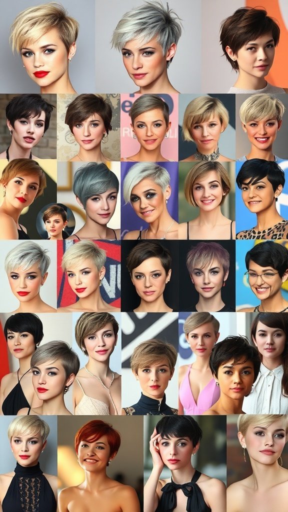 A collage of various celebrities sporting different styles of pixie haircuts.