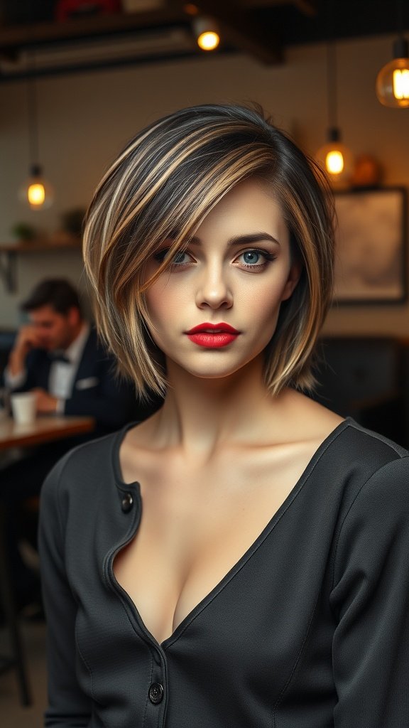 A stylish woman with a short haircuts featuring highlights, looking sophisticated in a café setting.
