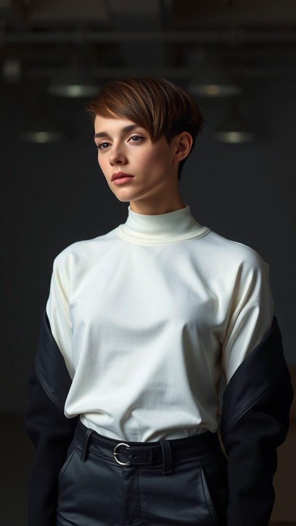 A model with an asymmetrical short haircut, wearing a white top and black pants, showcasing a bold look.