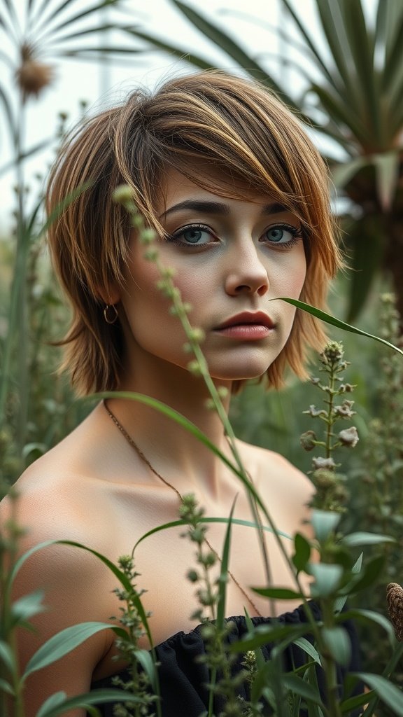 A person with shaggy short hair, surrounded by greenery.