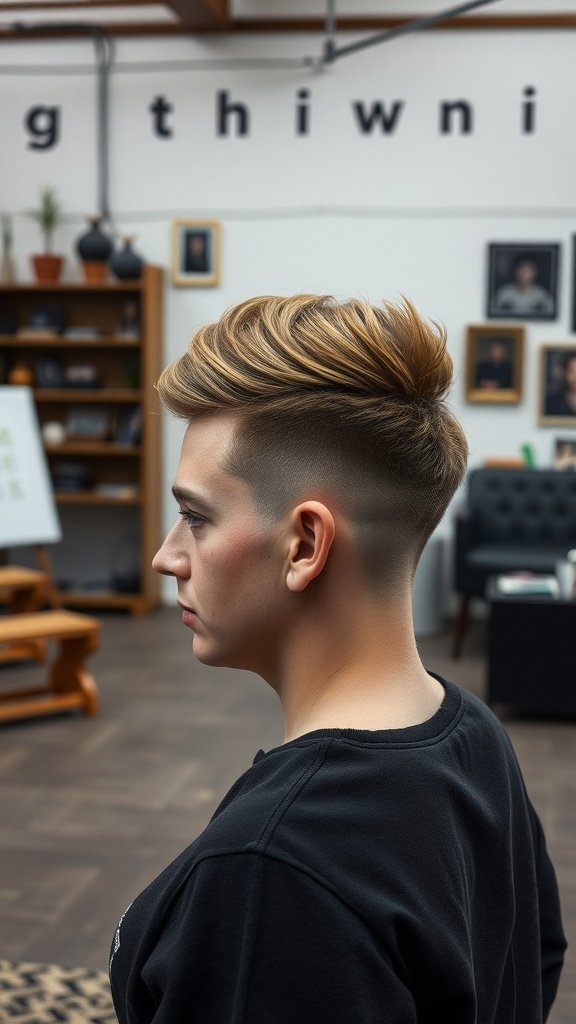 A stylish undercut hairstyle featuring a longer top and closely cropped sides.