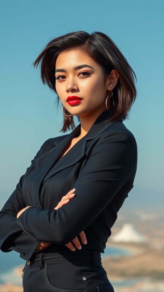 A woman with an asymmetrical shoulder length haircut, wearing a stylish outfit and posing confidently.