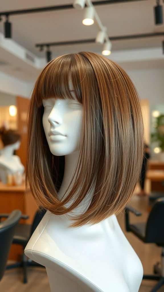 A mannequin showcasing a classic long bob haircut with bangs, styled elegantly.