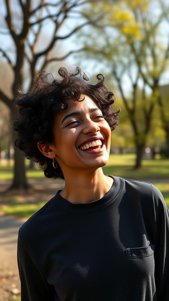 A person with short curly hair smiling outdoors.