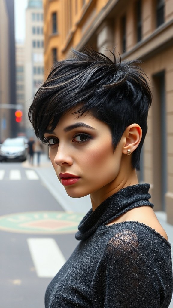A woman with a textured pixie cut, showcasing a modern hairstyle on a city street.