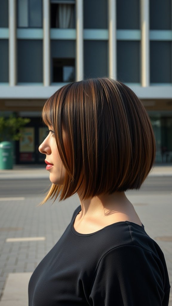 A woman with a sleek straight bob haircut and a center part, standing outdoors.