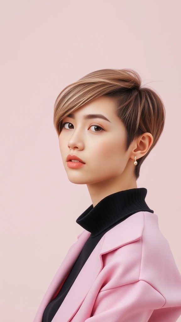 A young woman with a side-swept pixie haircut, wearing a stylish pink blazer and a black turtleneck.