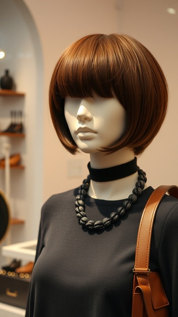 A mannequin with a layered bowl cut hairstyle, wearing a stylish outfit and accessories.