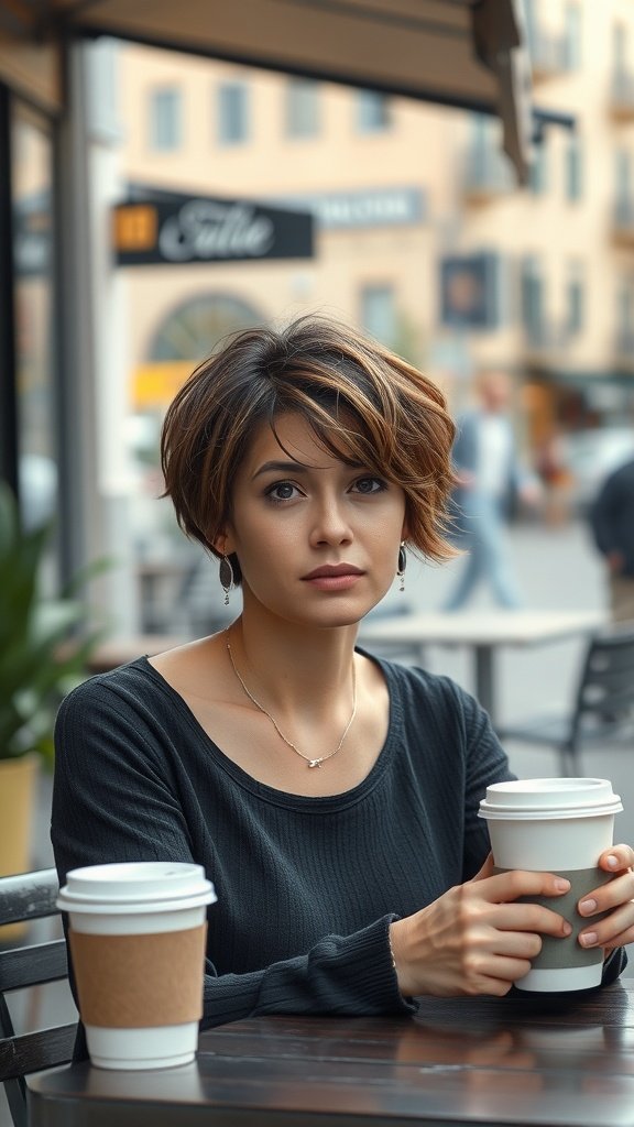 A woman with short, messy wavy hair sitting at a cafe with two coffee cups.