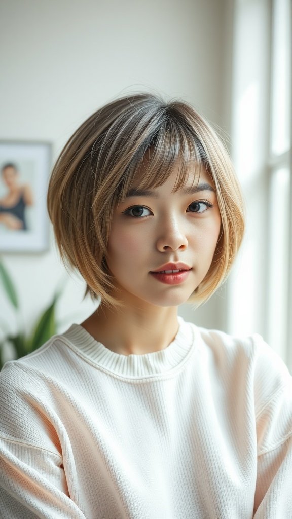 A woman with a short haircut and soft fringe, wearing a light-colored sweatshirt.