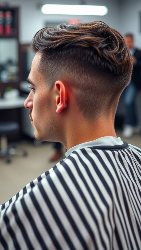 A young man with a stylish crew cut, showing a close-up of the back and side of his head while at the barber.