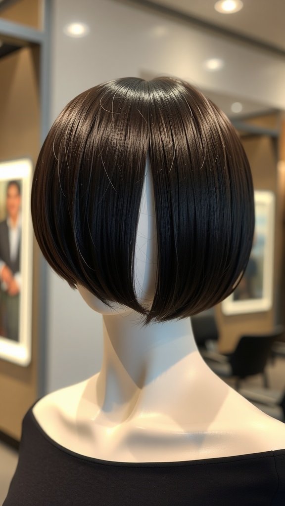 A mannequin displaying a shoulder-length classic bob haircut with sleek, straight hair.