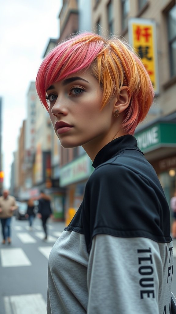 A woman with short, vibrant pink and orange hair stands on a city street.