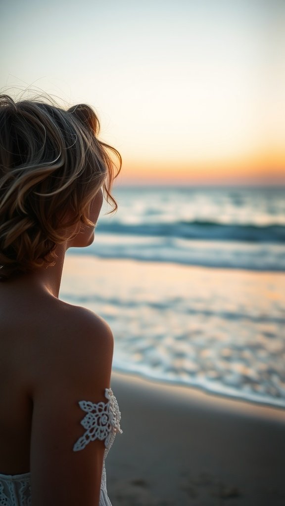 A woman with beachy short waves gazes at the sea during sunset.