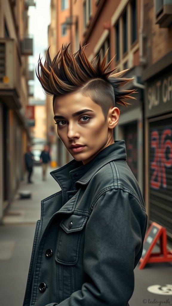 A person with a trendy faux hawk hairstyle, featuring spiked hair on top and shorter sides, wearing a stylish jacket in an urban setting.
