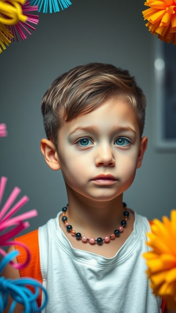 A young child with a stylish short haircut, framed by colorful accessories.