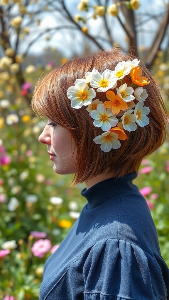A woman with a short haircut adorned with colorful flowers in a vibrant outdoor setting.